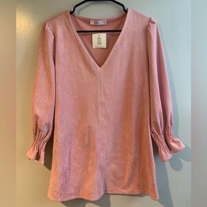 NWT AryehBarbie Pink Elizabeth Faux Suede Bell Sleeve Long Sleeve Size Small